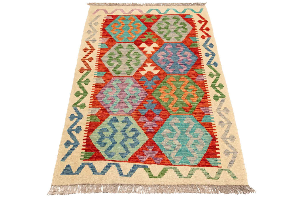 Handgewebter Kelim-Teppich aus Schurwolle, 95 × 146 cm