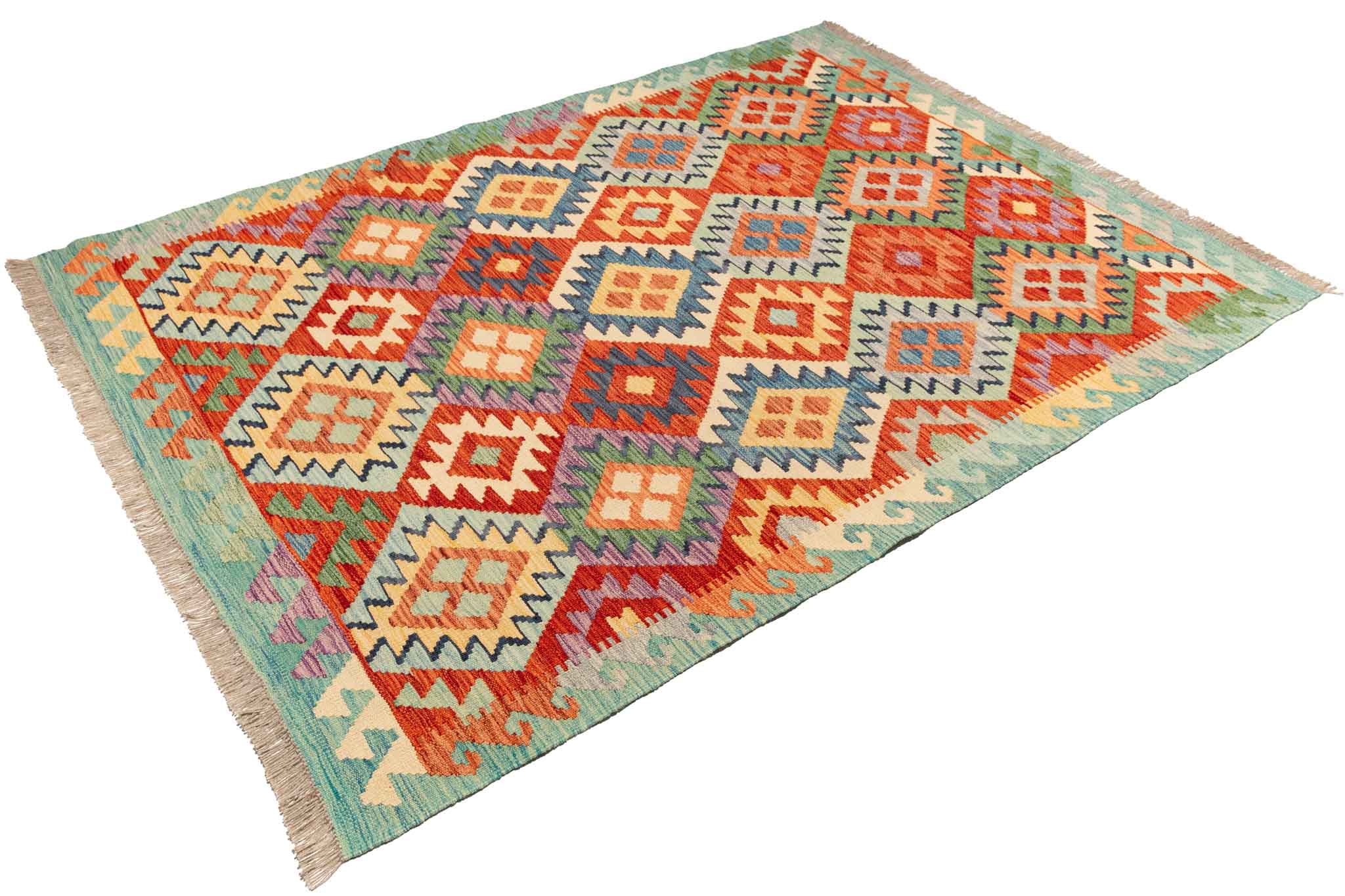 Handgewebter Kelim-Teppich aus Schurwolle, 147 × 200 cm